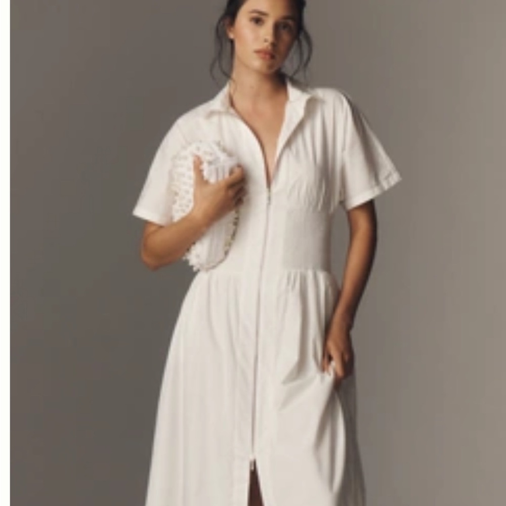 Anthropologie The Tommie Short-Sleeve Smocked Front-Zip Shirt Dress Maeve